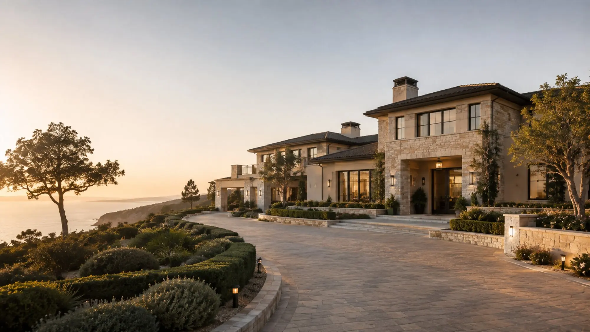 Refined hillside estate in warm evening light