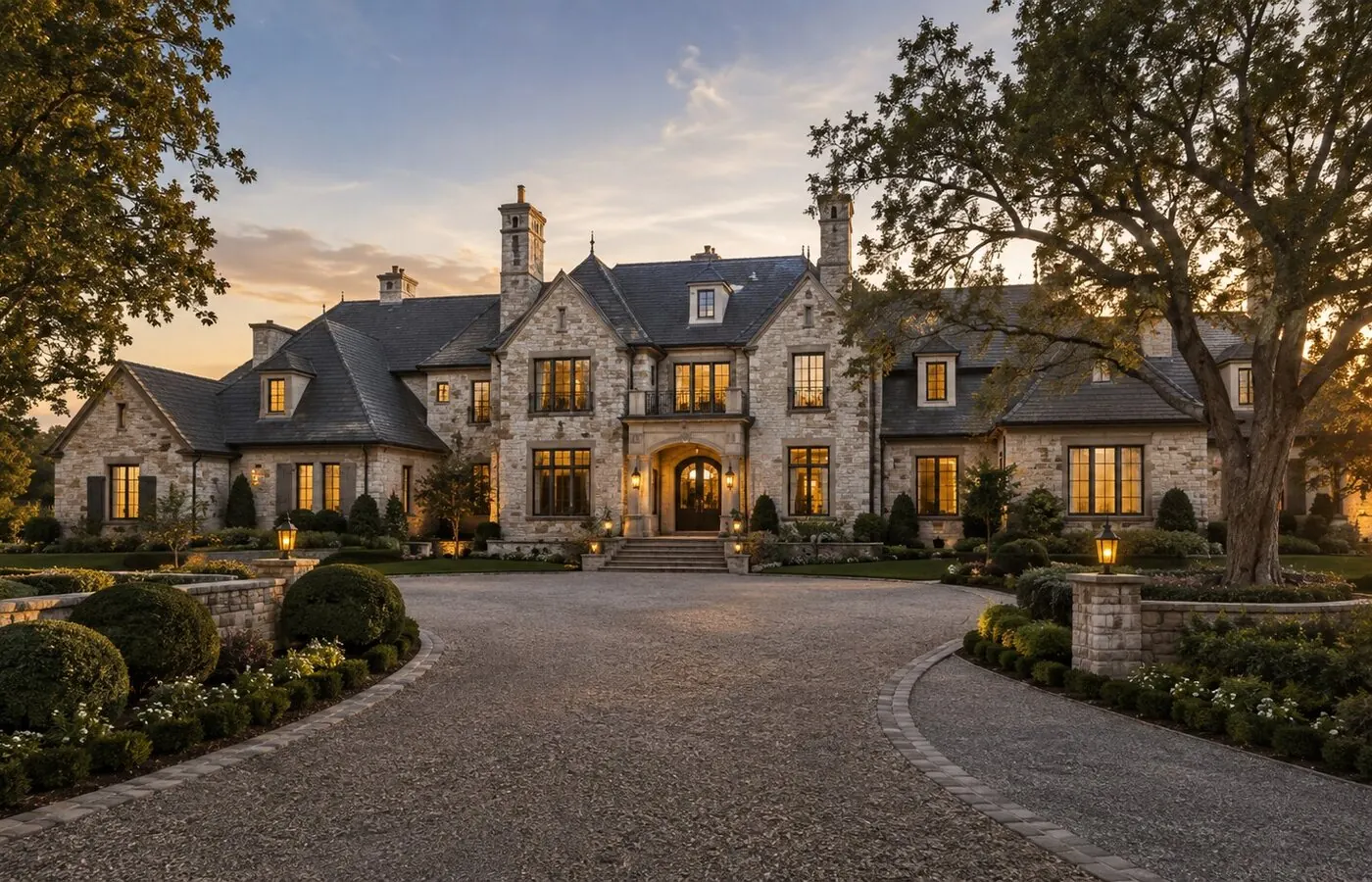 Grand stone estate with landscaped drive