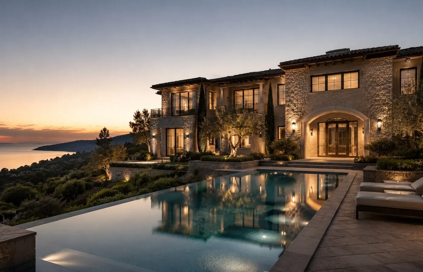 Luxury estate and pool at twilight